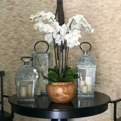 Große Schale aus Teakholz mit weißen Orchideen