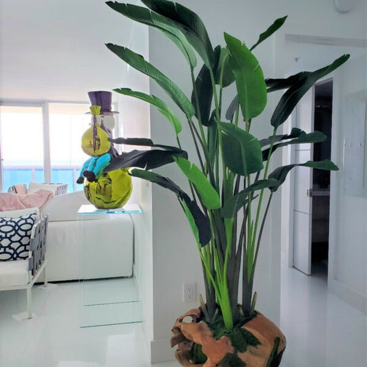 Große Vase aus Teakholz mit prächtiger Strelitzie (Paradiesvogelblume)