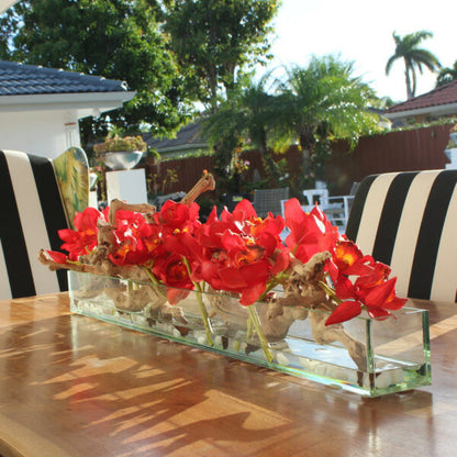 Moderner Glaspflanztopf „Modern Home“ 122 cm mit roten Cymbidien